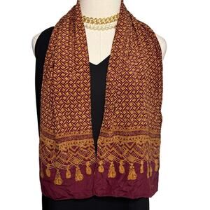 Vintage J.G. Hook 100% silk flower floral tassel long scarf maroon gold 48 x 10"